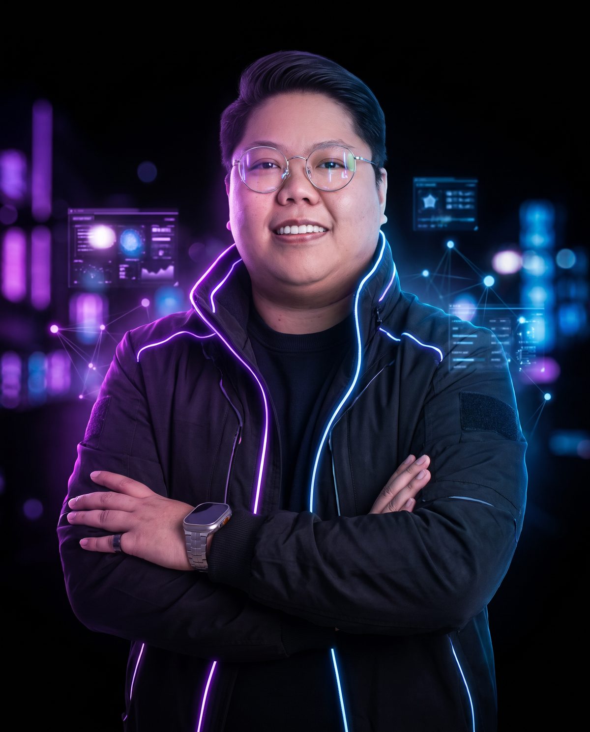 Mitchell Mae Matias, founder, CEO and CTO of Matias Ventures Inc., portrait in a black jacket with violet and blue neon lighting